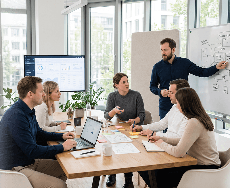Entwickler von CodePartner planen gemeinsam mit einem Kunden eine individuelle Softwarelösung.